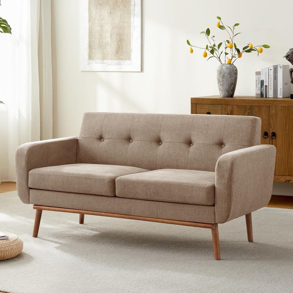 HUIMO Sofa Couch, Mid Century Modern Sofa with Solid Wood Frame, Button Tufted Couch for Bedroom, Living Room, Office, Apartment (Brown, 60 inch)