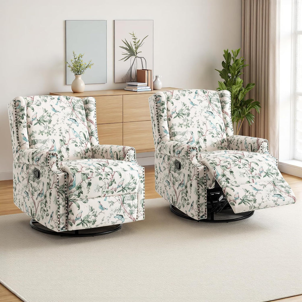 Swivel Rocker Recliner Chairs Set of 2, 360° Swivel Wingback Recliner Chairs for Adults, Upholstered Printed Fabric Glider Rocking Chair with High Back, Deep Seat for Living Romm Bedroom, Bird