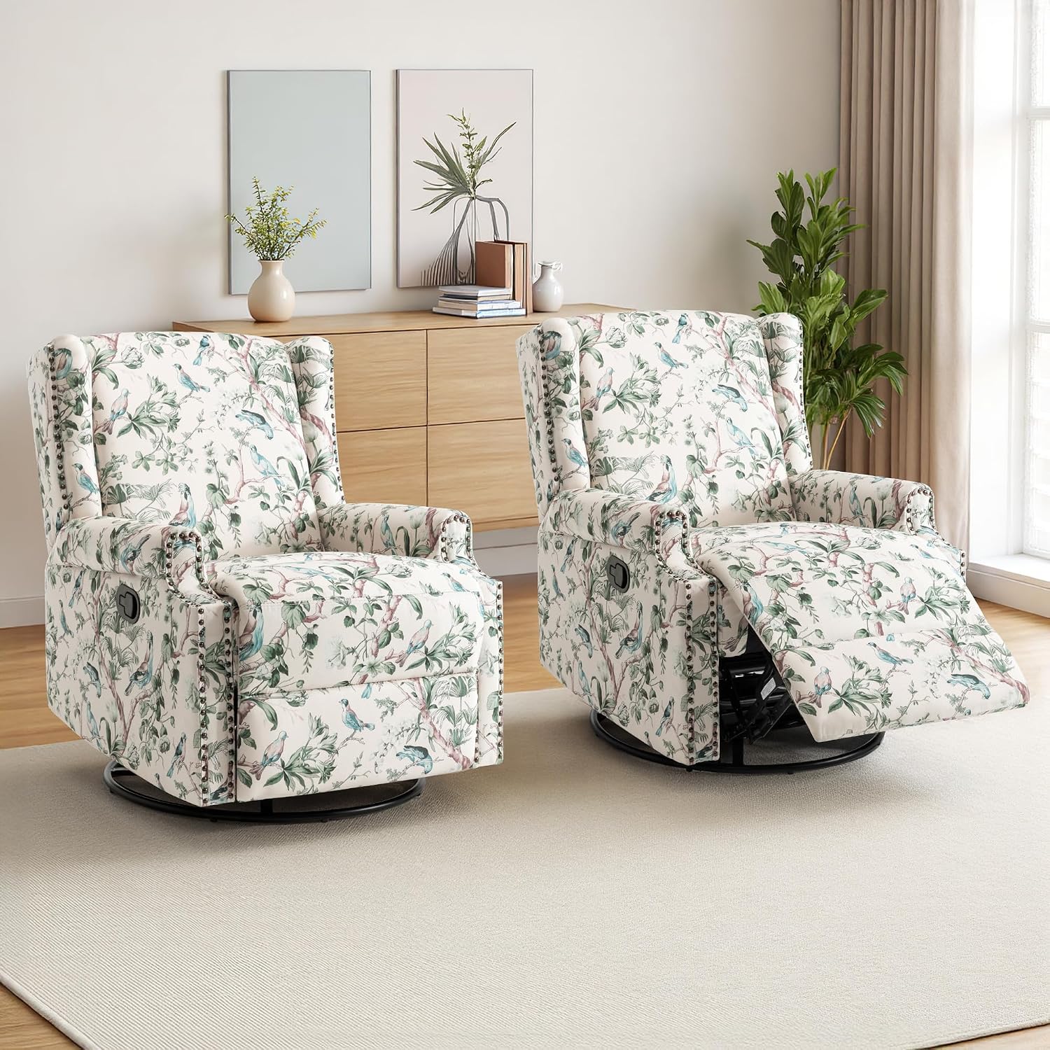 Swivel Rocker Recliner Chairs Set of 2, 360° Swivel Wingback Recliner Chairs for Adults, Upholstered Printed Fabric Glider Rocking Chair with High Back, Deep Seat for Living Romm Bedroom, Bird