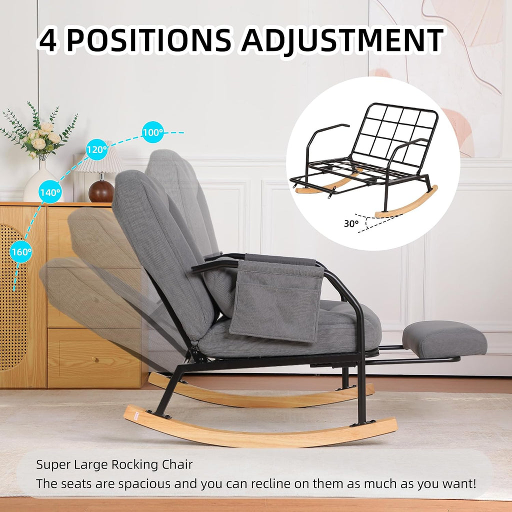 Oversized Rocking Chair, Extra-Wide Glider Patio Rocker Chairs with Foot Rest, Padded Cushion, Adjustable Backrest, Mental Wooden Farm, Indoor/Outdoor Living Room Bedroom Balcony Porch, Grey