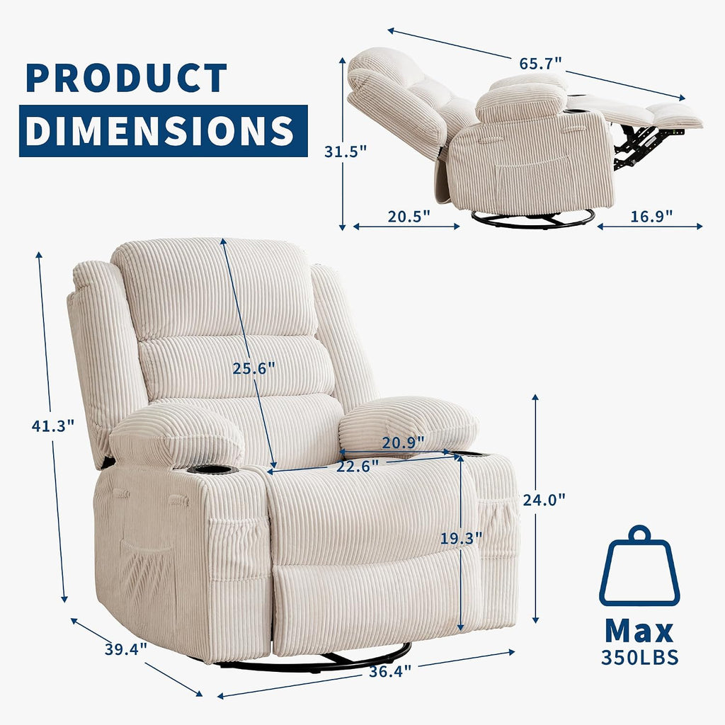 360° Swivel Rocker Recliner Chair for Adults, Rocking Manual Glider Sofa with 3 Positions, 2 Cup Holders, 4 Pockets for Nursery, Living Room, Bedroom, Office, Reading Nook