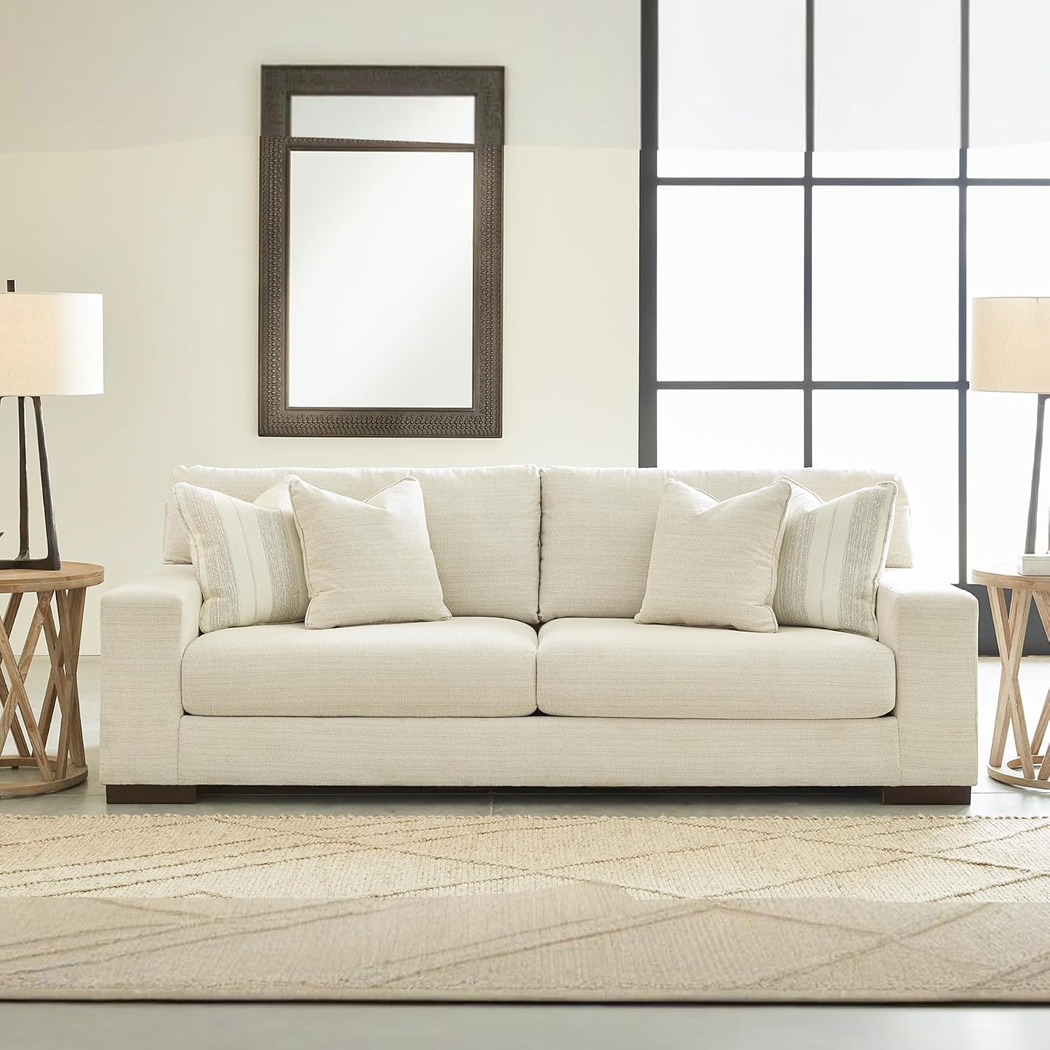 Signature Design by Ashley Maggie Contemporary Upholstered Sofa with Accent Pillows, Off-White