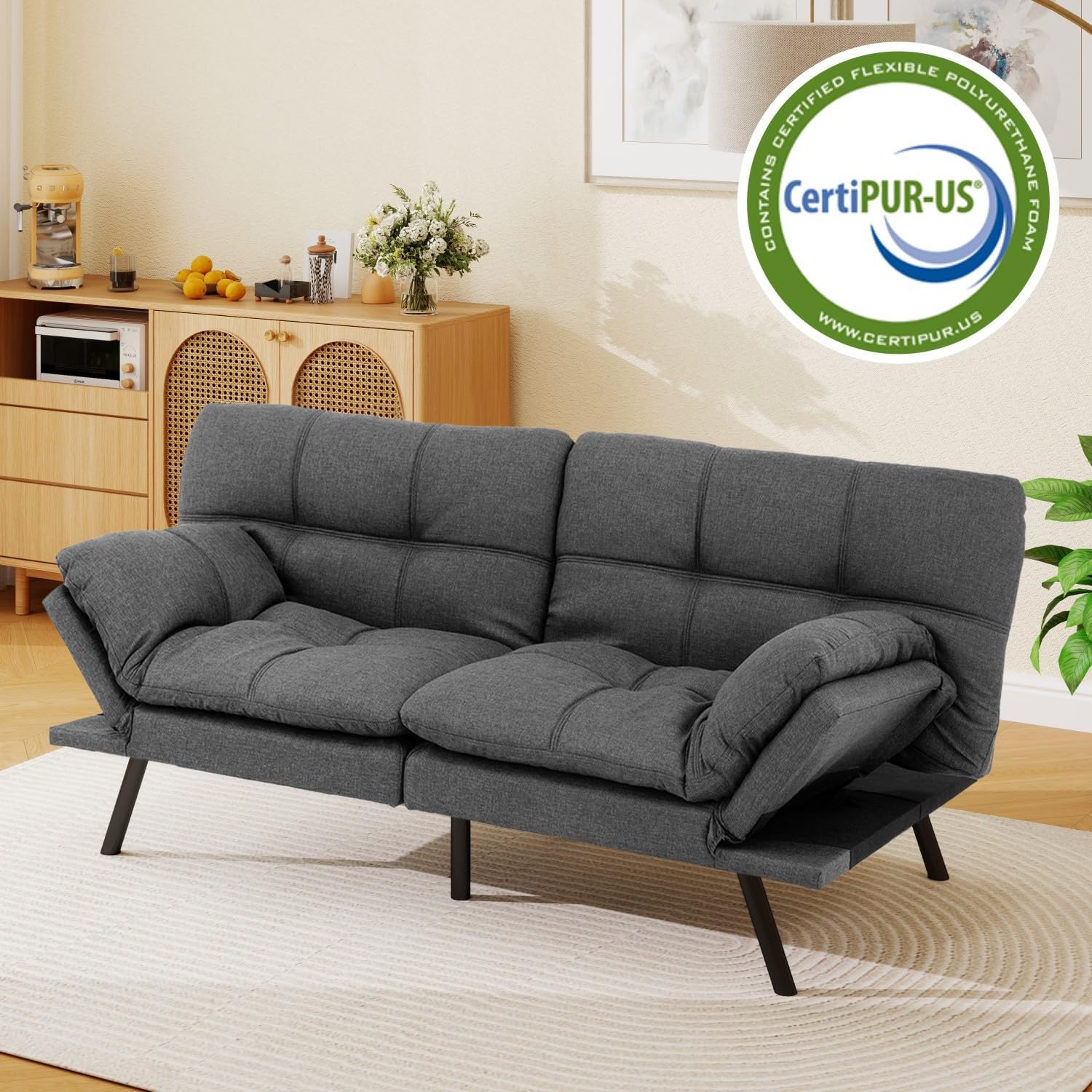 MUUEGM 71-Inch Futon Sofa Bed, Convertible Loveseat Sleeper | Elegant Dark Gray Linen | Adjustable Couch for Office, Apartment & Guests