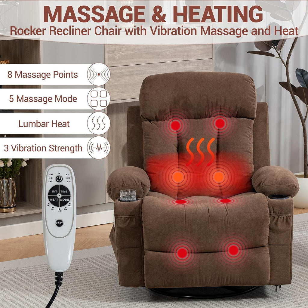 360 Swivel Rocking Chair, Rocker Recliner with Vibration Massage and Heat, Ergonomic Lounge Chair with Rocking Function, Side Pocket, Cup Holders, Soft Breathable Fabric, Brown