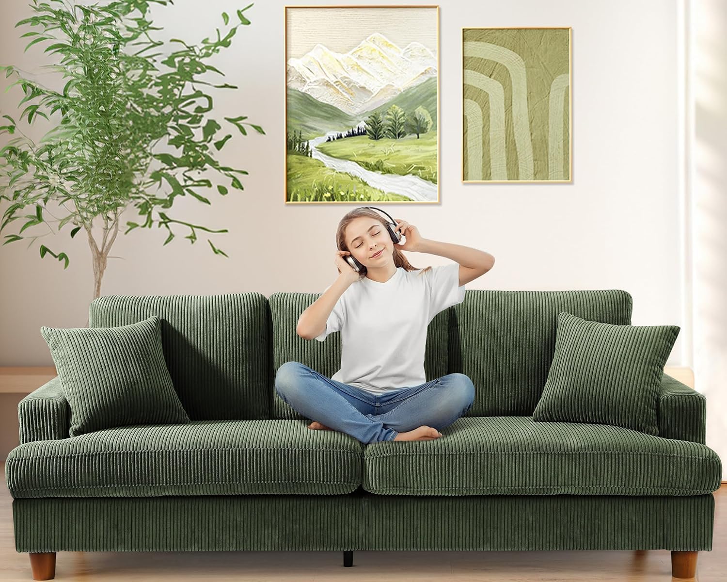 87in Corduroy Couch, Kidirect Sofa No Tool Assembly, Comfy Couches for Living Room 21in Deeper Seats, Corduroy Sofas for Living Room with 2 Pillows, Oversized Loveseat Sofa, Boho Love Seat Green Couch