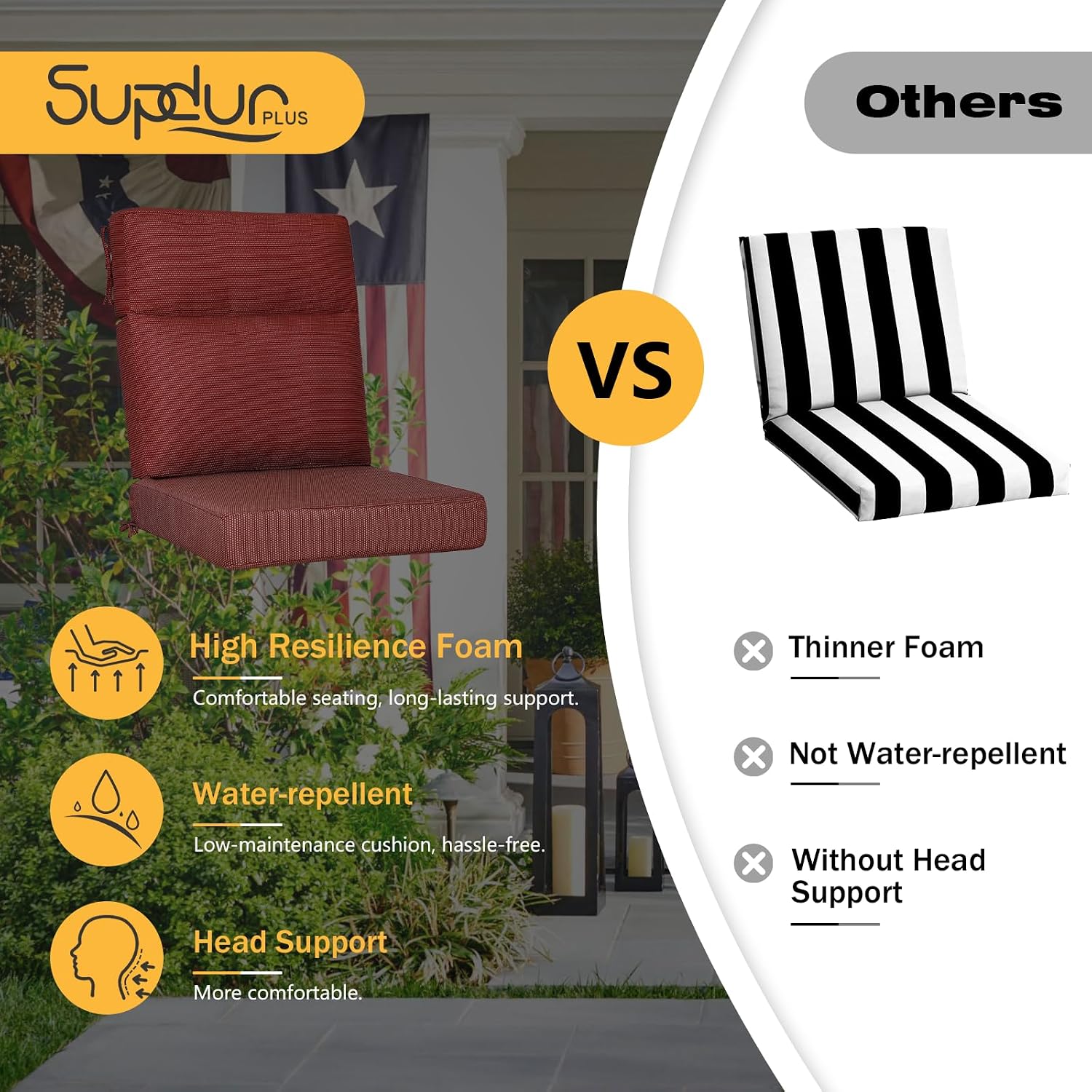 Outdoor High Back Chair Cushion, 2 Pack 44x21 inches Patio Chair Cushions Water Repellent Rocking Cushions Indoor Furniture Seat Pad, Tan Dotted Red Base