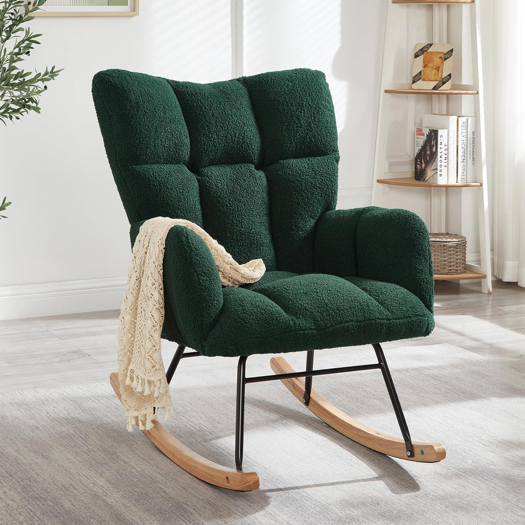 Glider Chair for Living Room & Nursery, Tufted Upholstered Teddy Rocking Chair with High Backrest & Stable Metal Frame, 300lbs Capacity, Comfy Rocker Glider for Adults & Kids, Office & Bedroom(Green)