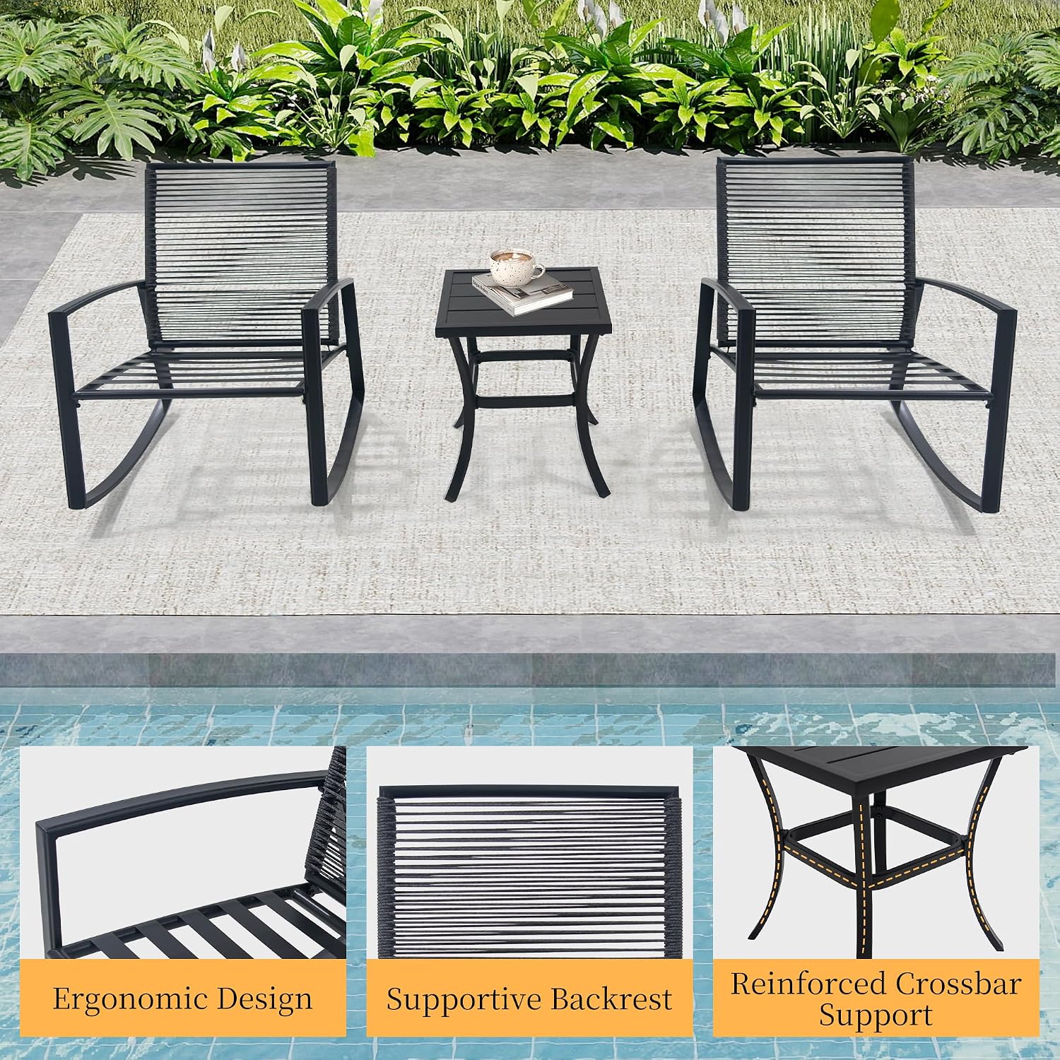 Domi Outdoor 3-Piece Wicker Rocking Chair Set, Patio Conversation Set with Removable Textilene Cushions & Metal Coffee Table, All-Weather Outside Chair Set of 3 for Balcony, Backyard, Pool, Grey