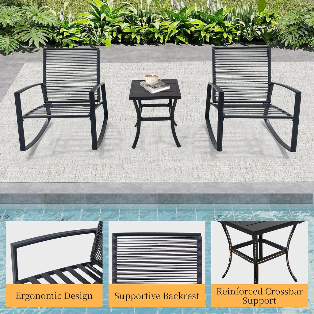 Domi Outdoor 3-Piece Wicker Rocking Chair Set, Patio Conversation Set with Removable Textilene Cushions & Metal Coffee Table, All-Weather Outside Chair Set of 3 for Balcony, Backyard, Pool, Beige