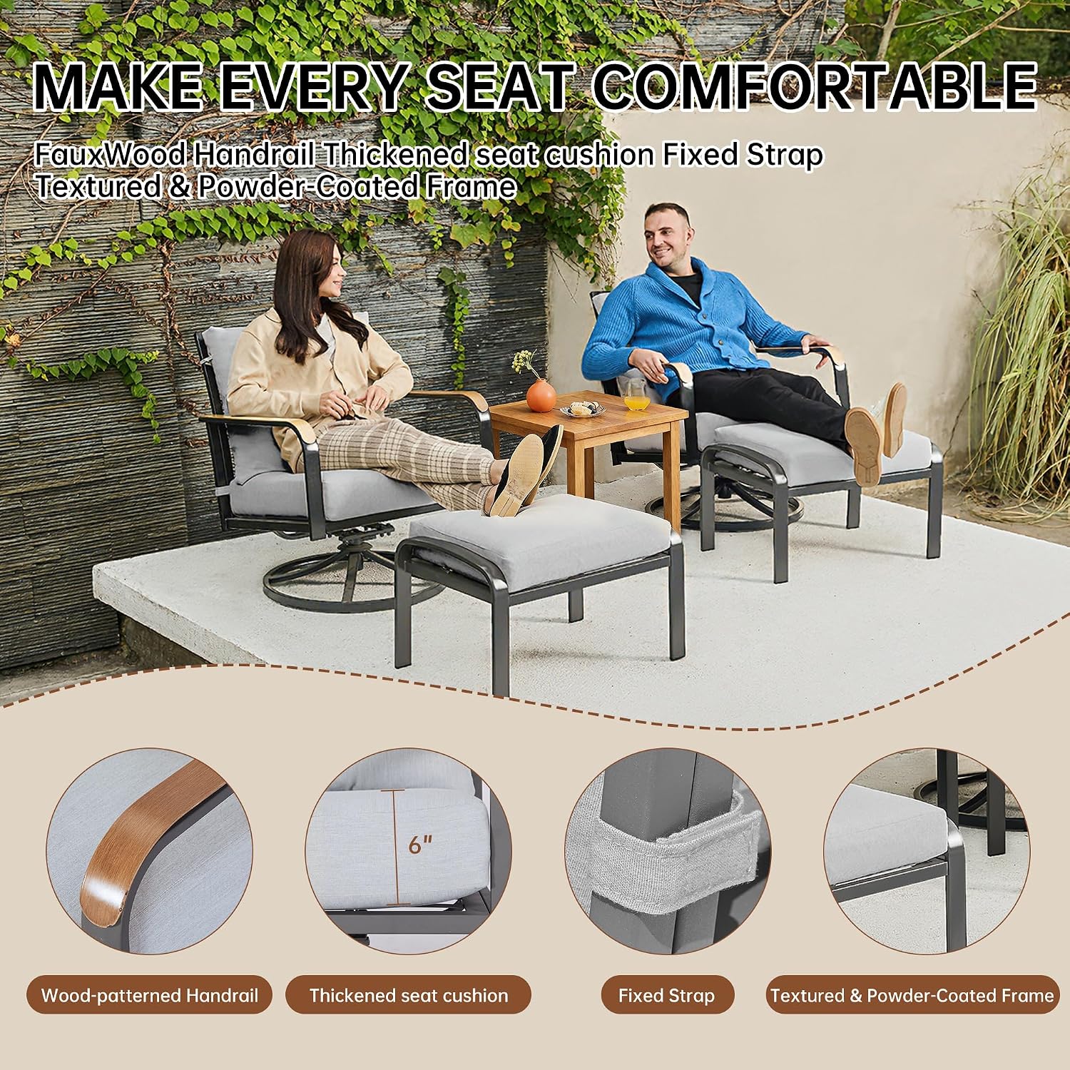 NATURAL EXPRESSIONS Patio Furniture Set,Outdoor Patio Chairs with 2 Swivel Glider Rocking Chairs,5 Piece Outdoor Conversation Set with Ottomans,All Weather Sturdy Frame,6' Cushions for Garden,Yard