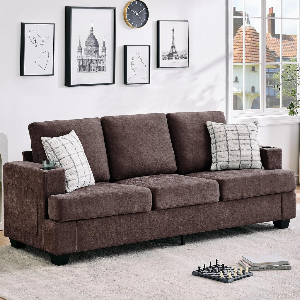 Garvee 89' 3-Seater Sofa for Living Room, Comfy Couches with Deep Seat, Modern Chenille Couch with Cup Holders and Side Storage Pockets for Apartment Lounge, Brown