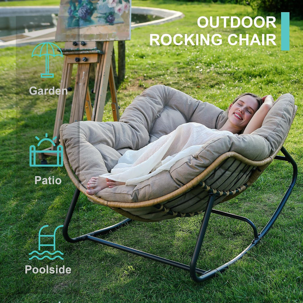 SWITTE Outdoor Rocking Chair, Indoor Papasan Rocking Lounge with Thick Cushion, Oversized Cozy Patio Rocker for Bedroom, Living Room, Porch, Garden, Lawn-Cream
