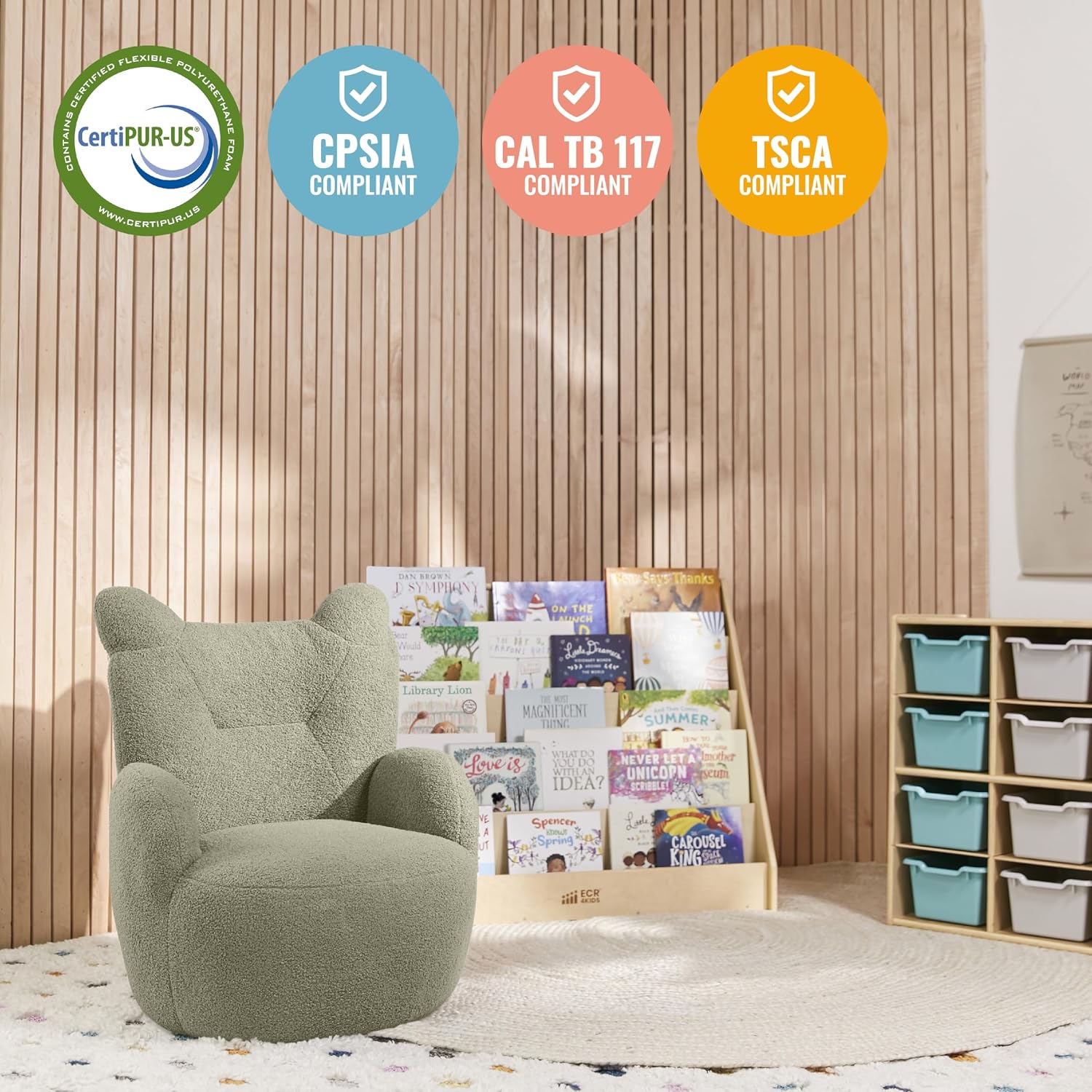 ECR4Kids Teddy Bear Sherpa Toddler Chair, 14in Seat Height, Kids Furniture, Dark Sage