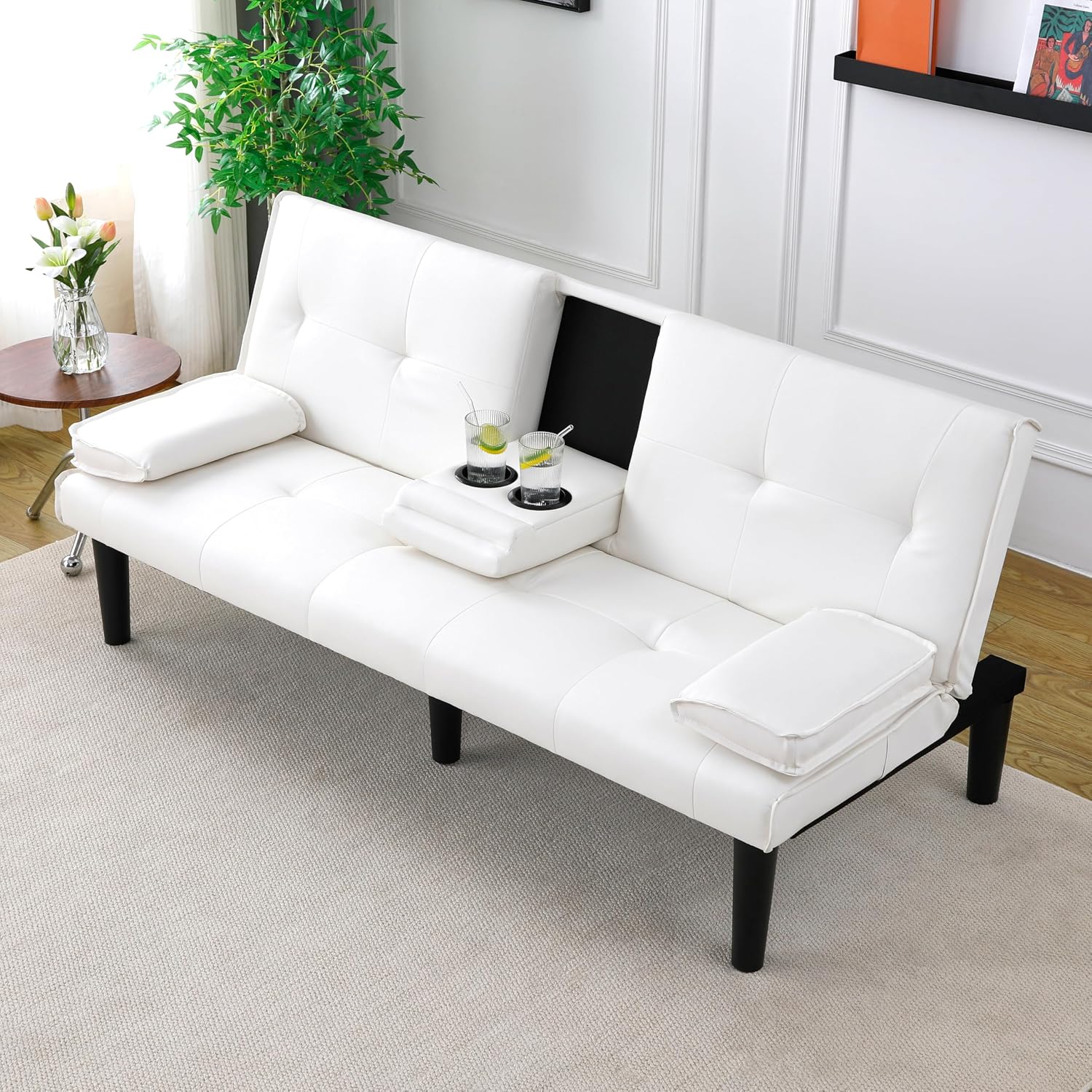 KEIKI 67' Convertible Sofa Bed with Cup Holder, 3 in 1 Futon Sleeper Sofa Chair, PVC Upholstered Sofa for Living Room or Office, White