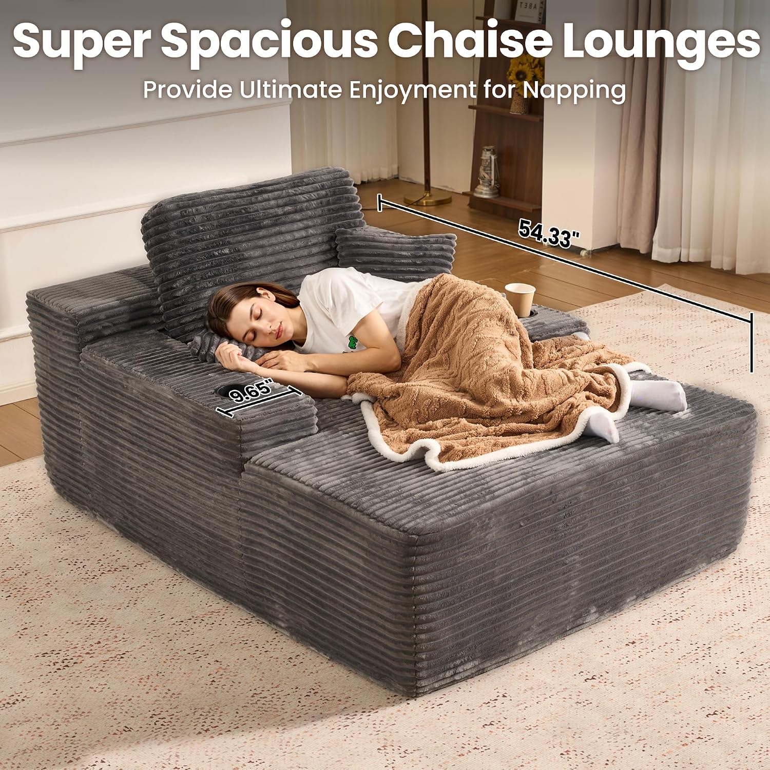 ovios 67'' Chaise Lounge Chair Indoor, Oversized Upholstered Boneless Sofa Bed with Cup Holders, Deep Seat Sleeper Couch, Plush Cloud Sofas Couches for Living Room (Faux Fur, Grey)