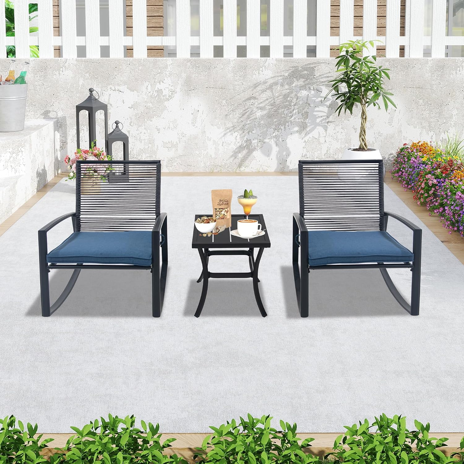 Domi Outdoor 3-Piece Wicker Rocking Chair Set, Patio Conversation Set with Removable Textilene Cushions & Metal Coffee Table, All-Weather Outside Chair Set of 3 for Balcony, Backyard, Pool, Blue