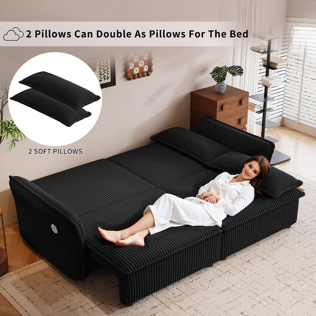 85' Convertible Sofa Bed with Storage Ottoman, Plush Corduroy Fabric Loveseat Pull Out Couch with Adjustable Backrest and USB Charger, 2 Soft Pillows, Couch Bed for Living Room, Small Space,Black