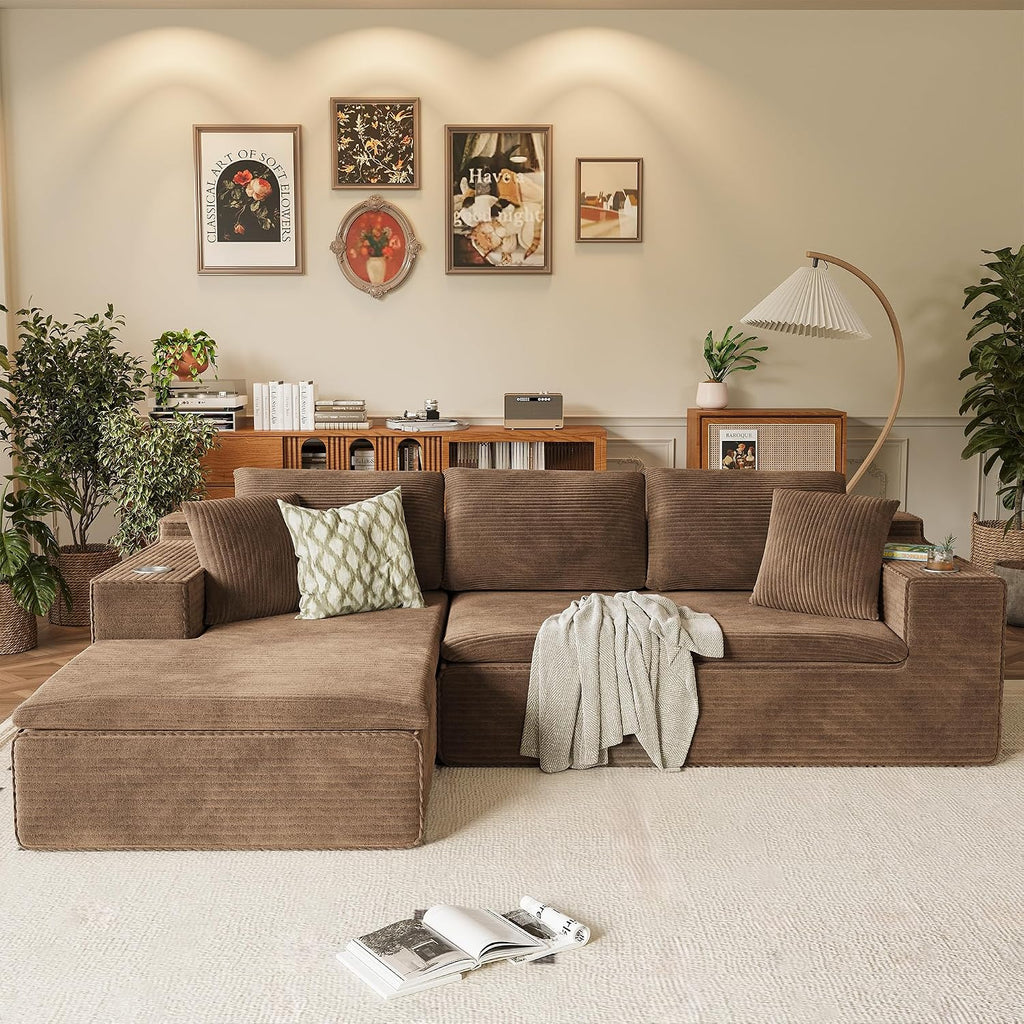 Homall 109' Boneless Couch with Memory Foam, Modular Sectional Sofa with L-Shape Chaise, Cloud Couch with Deep Seat, Dual Cup Holders & Side Pockets, No Assembly Required (Brown)