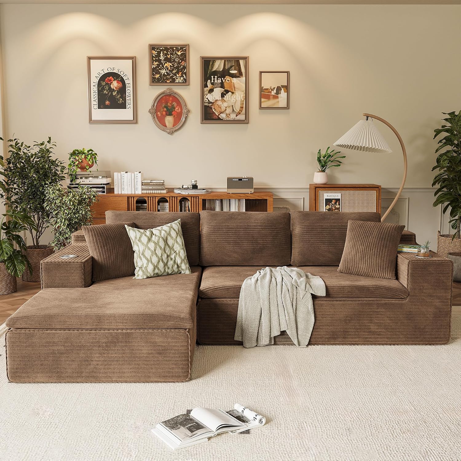 Homall 109' Boneless Couch with Memory Foam, Modular Sectional Sofa with L-Shape Chaise, Cloud Couch with Deep Seat, Dual Cup Holders & Side Pockets, No Assembly Required (Brown)