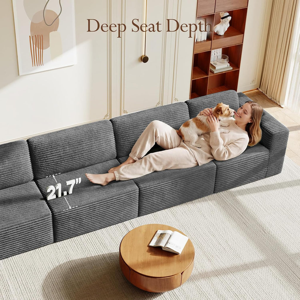 Vesgantti 159' Modular Sectional Sofa, Corduroy Cloud Couch with Extra Deep Seats & Spring Support, Flexible Layout 4-Seater Boneless Couch, No Assembly Required, Grey