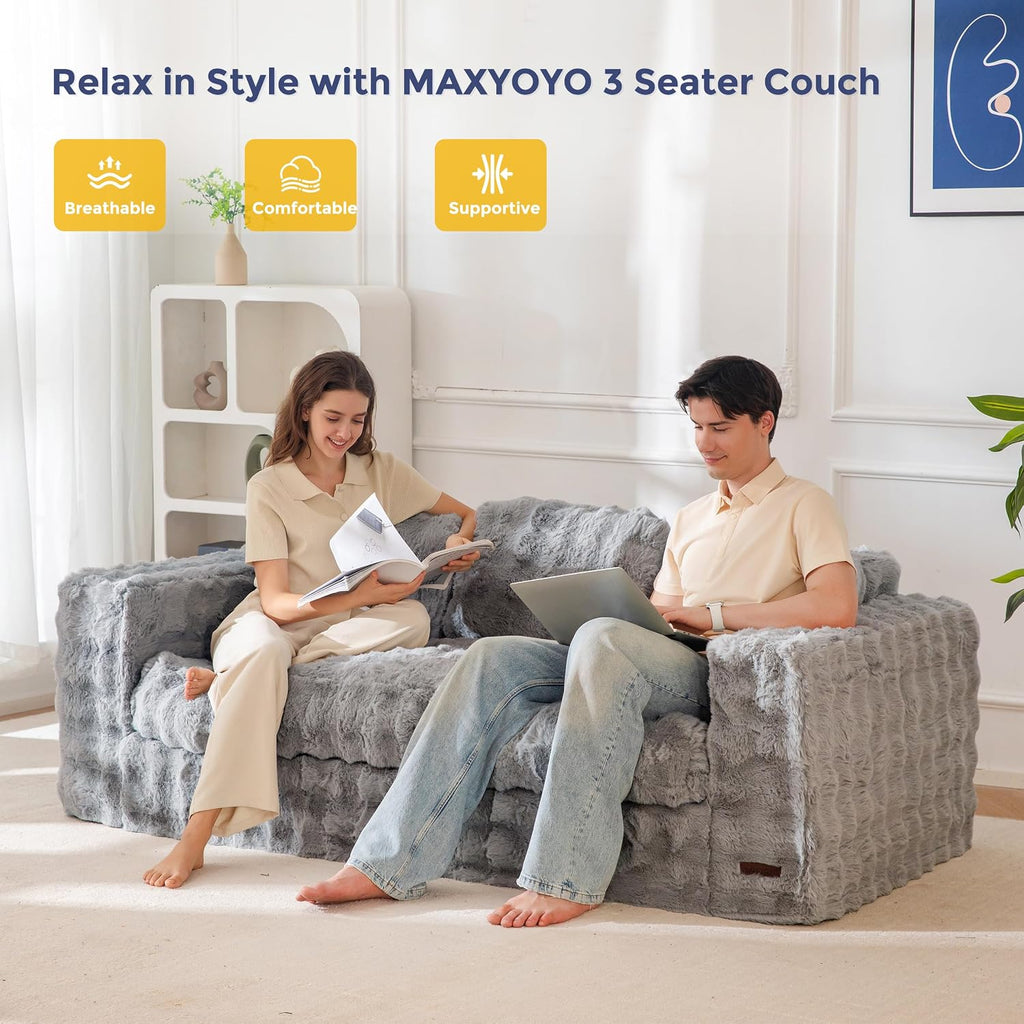 MAXYOYO 3-Seater Boneless Sofa Couch, Modern Bubbled Sofa for Living Room, Soft Bean Bag Chair High-Density Foam Couch with Pillows, No Assembly Required