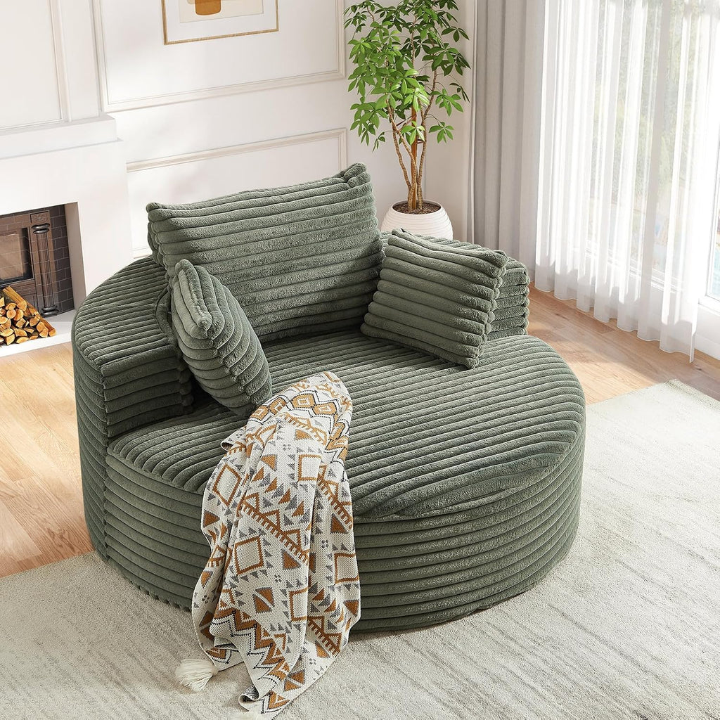 Oversized Round Chaise Longue Chair Indoor, Modern 55-inch Upholstered Corduroy Deep Seat Circle Single Cloud Lounge Floor Sofa Chair for Living Room, Bedroom Apartment, Green