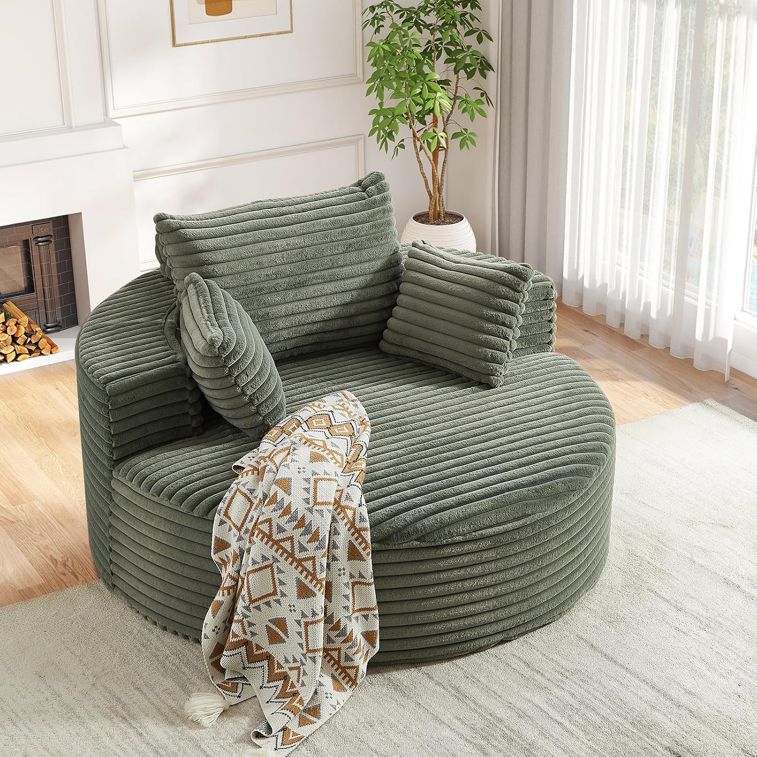 Oversized Round Chaise Longue Chair Indoor, Modern 55-inch Upholstered Corduroy Deep Seat Circle Single Cloud Lounge Floor Sofa Chair for Living Room, Bedroom Apartment, Green