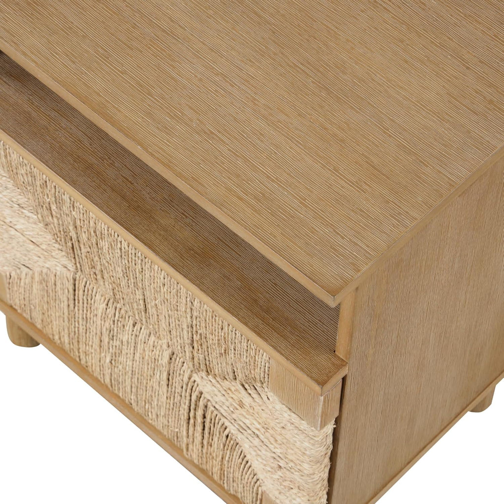 Nathan James Beacon Wood Nightstand, Bohemian Accent Table or Sofa Side Table with Seagrass Door for Bedroom or Living Room, Light Brown
