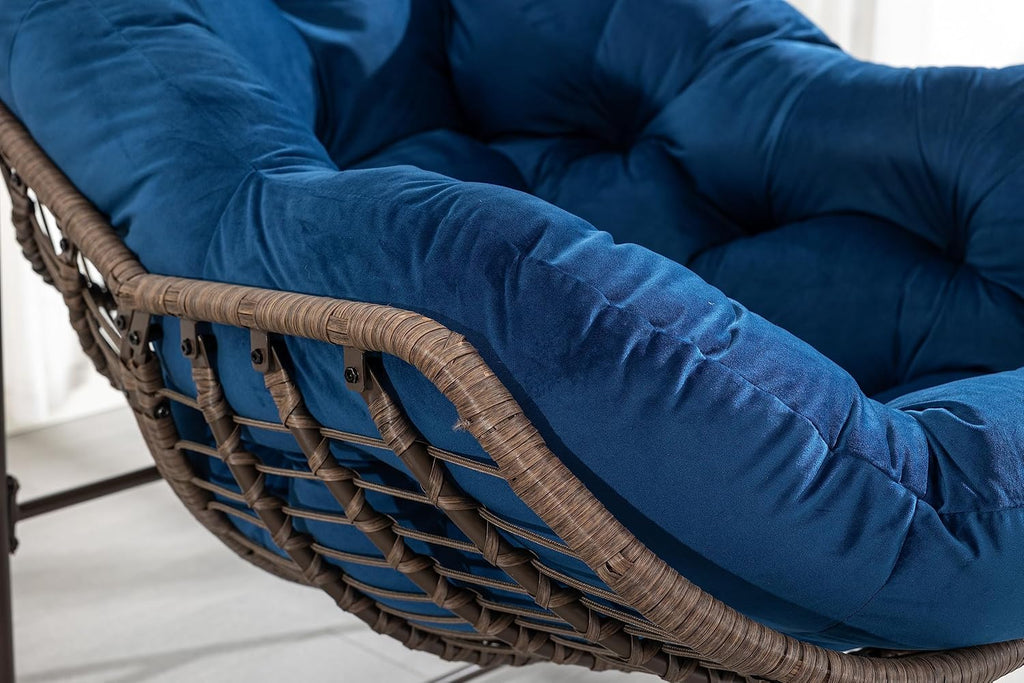 Outdoor Rattan Rocking Chair Oversized Papasan Recliner Lounger, Steel Frame & Thick Olefin Cushion, Indoor/Outdoor Use for Patio, Porch, Backyard, Garden, Balcony, Navy Blue