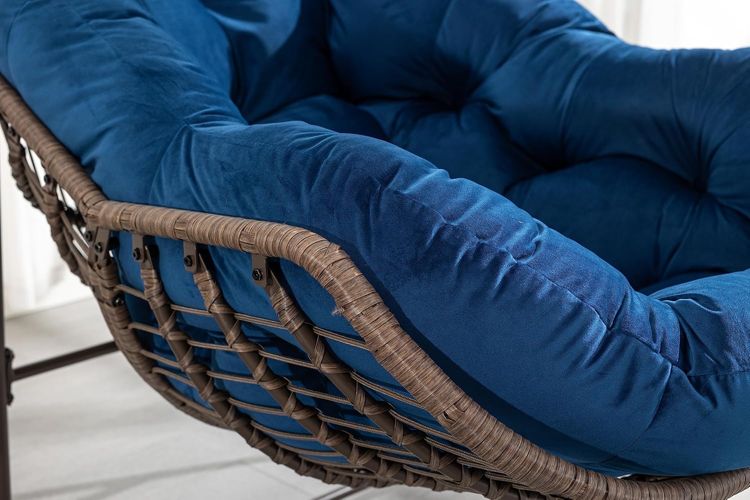 Outdoor Rattan Rocking Chair Oversized Papasan Recliner Lounger, Steel Frame & Thick Olefin Cushion, Indoor/Outdoor Use for Patio, Porch, Backyard, Garden, Balcony, Navy Blue