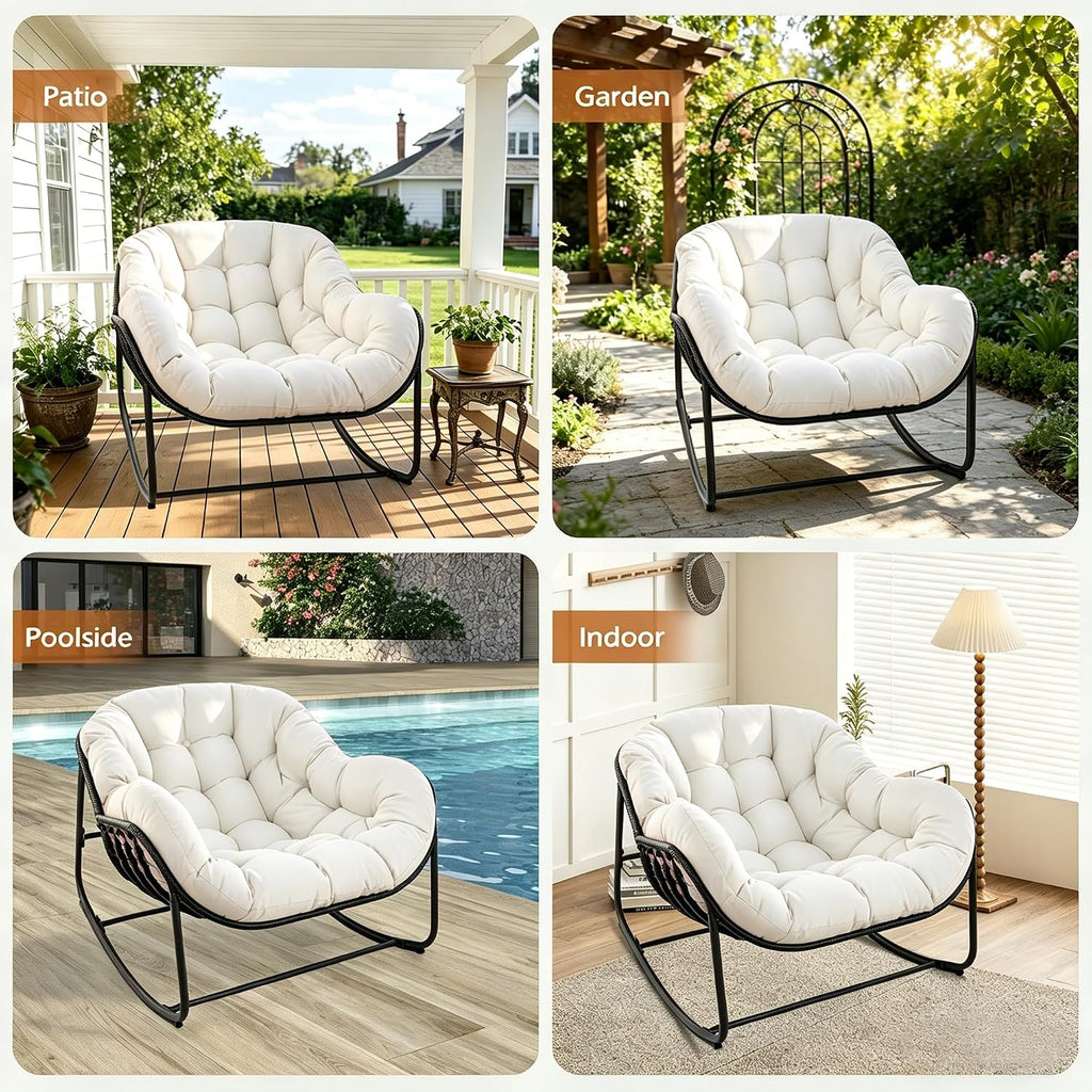 Papasan Rocking Chair Indoor & Outdoor, Oversized Egg-Shaped Papasan Rocker with Cushion & Pillow, All-Weather Wicker Patio Lounge Chair for Garden, Porch, Living Room (White)