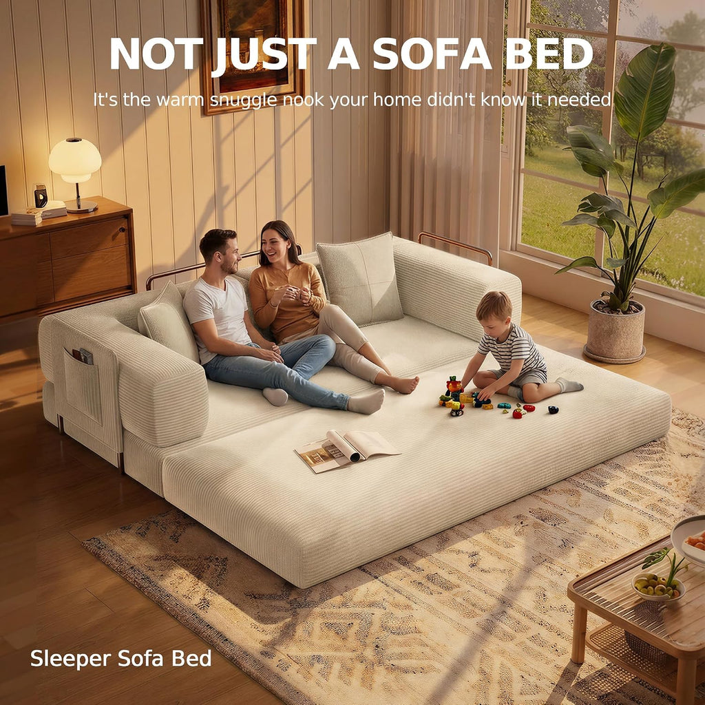 MoonSpeak 78.8''Sleeper Couch Bed for Livingroom,Convertible Modular Sofa with Armrest Pillow,Modular Foldable Corduroy Couches in a Box,No Assembly (White)