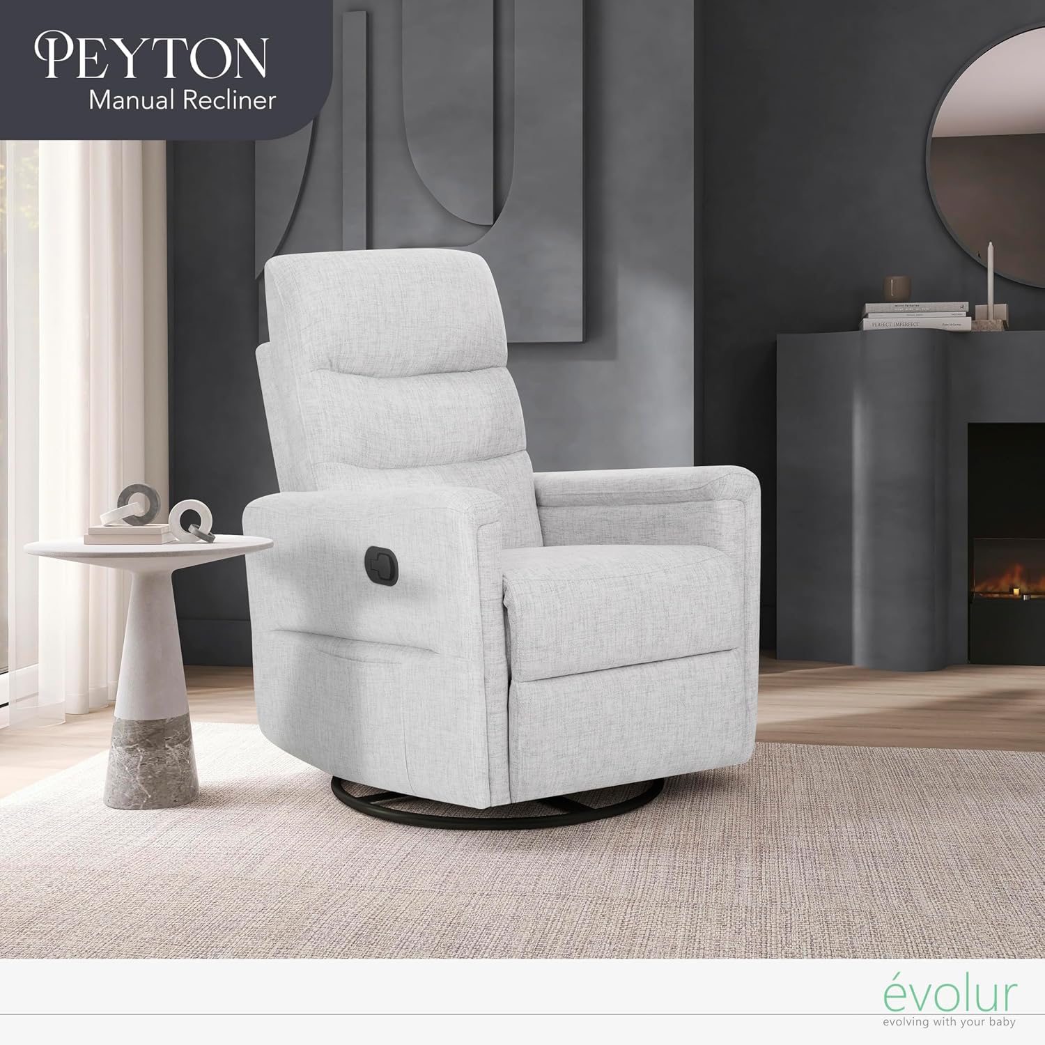 Evolur Peyton Manual Glider Recliner – Fog Grey, Rocking & 360° Swivel with Smooth Glide – GREENGUARD Gold & FSC Certified – Modern Nursery and Living Room Chair