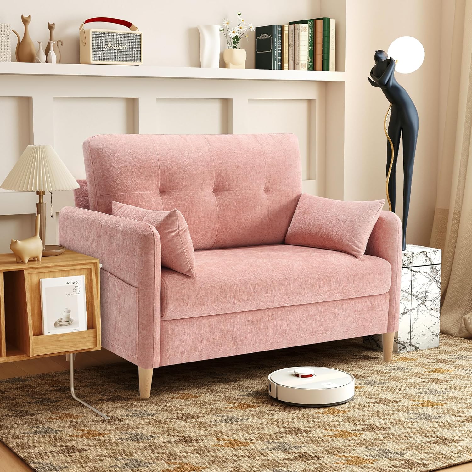 Urhanherry 47' Small Sofa Couch for Bedroom, Soft Chenille loveseat Mini Couch with Throw Pillow and Removable Cushion Cover for Small Spaces, Living Room, Apartment, Dorm, Office(Pink)