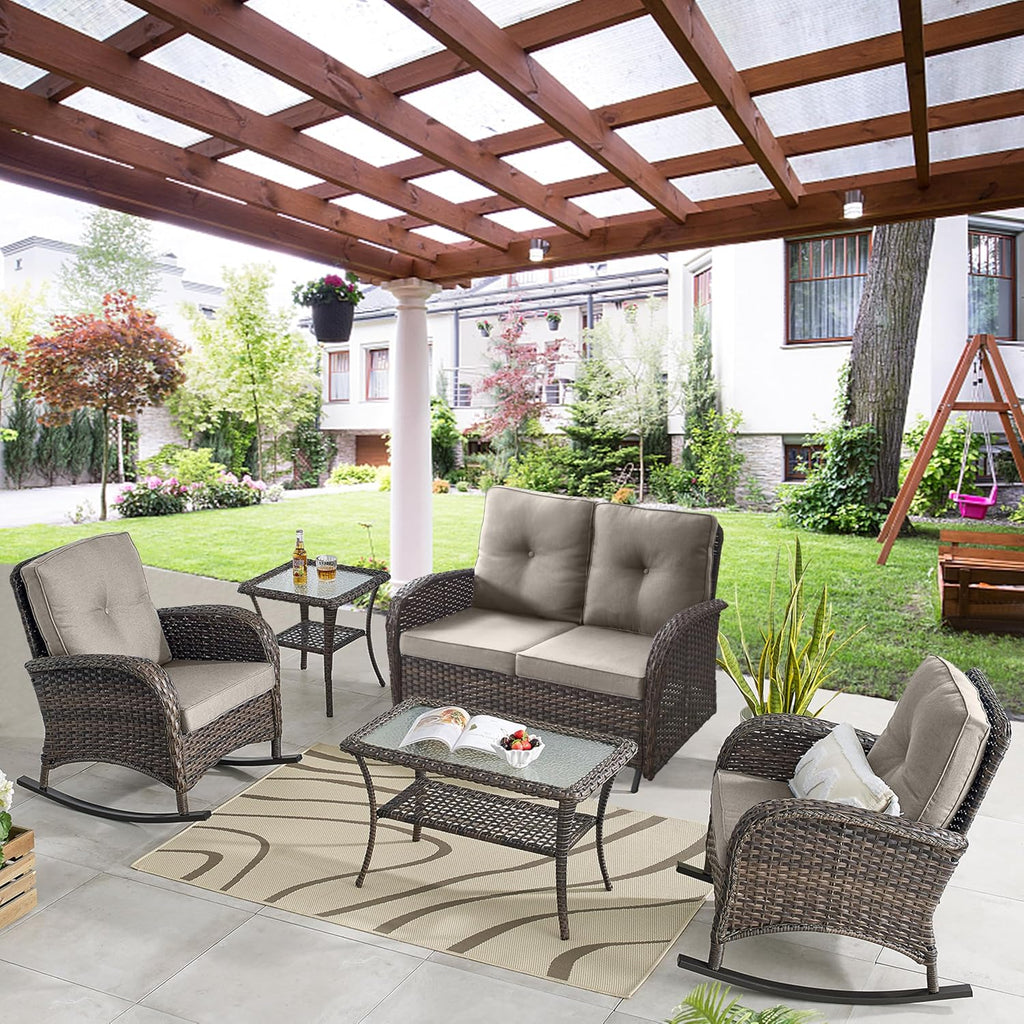 Belord 5 Piece Outdoor Conversation Patio Furniture Set - All-Weather Wicker Patio Rocking Chairs with Loveseat Glider Chair and Coffee Table for Patio Deck Porch Backyard Gray Cushion