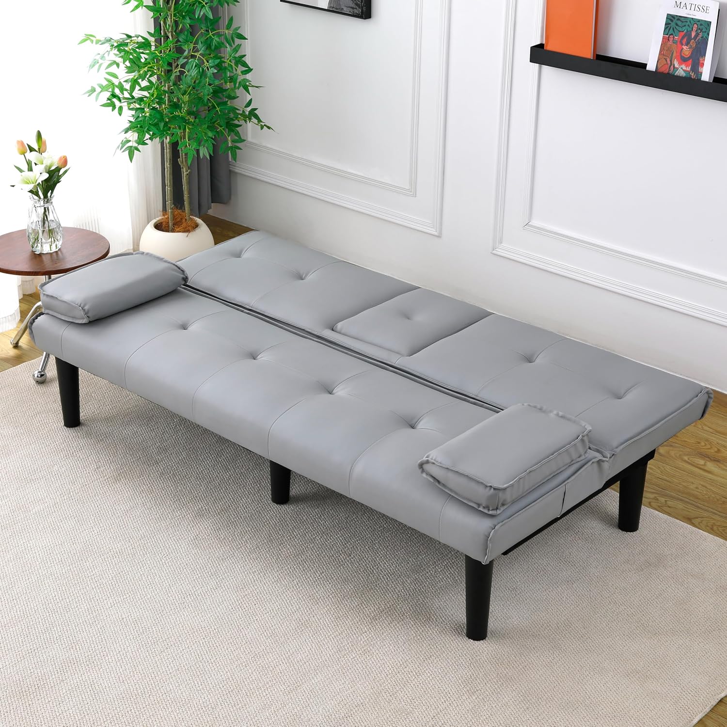 KEIKI 3 in 1 Convertible Sleeper Sofa Bed with Cup Holder, Futon Sofa for Living Room, Dorm, or Home Office, Light Gray