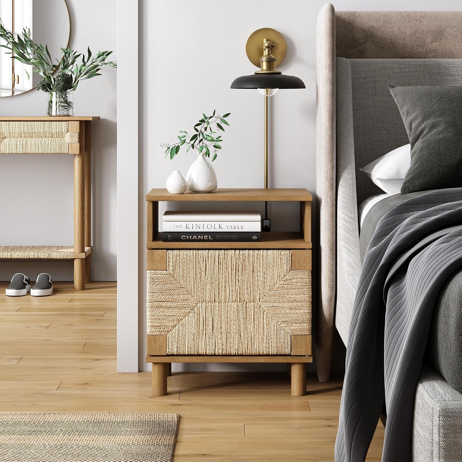 Nathan James Beacon Wood Nightstand, Bohemian Accent Table or Sofa Side Table with Seagrass Door for Bedroom or Living Room, Light Brown