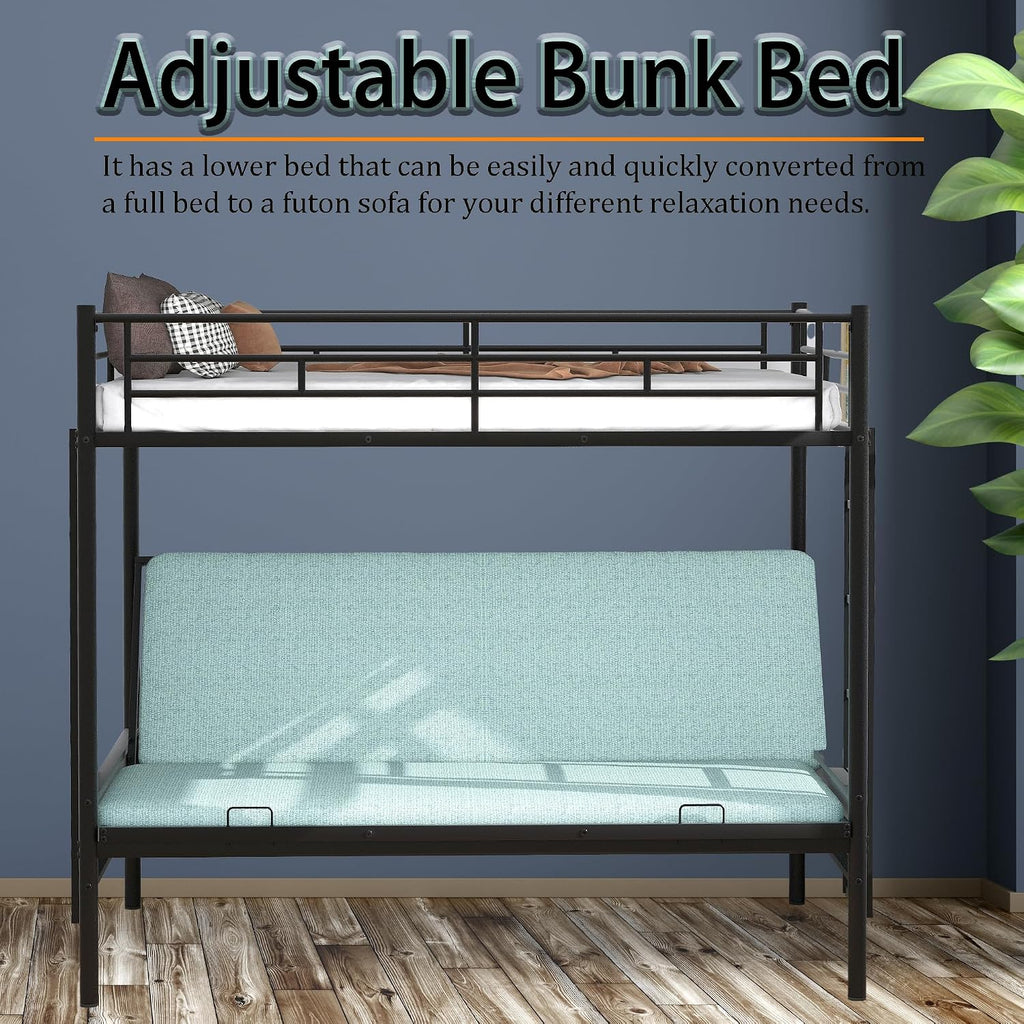 Anwick Twin-Over-Futon Convertible Couch and Bed, Metal Futon Bunk Bed with Guardrails and Ladder, Sturdy Steel Foldable Sofa-Bed for Kids Adults Teens (Twin Over Full Metal Bunk Bed, Twin)