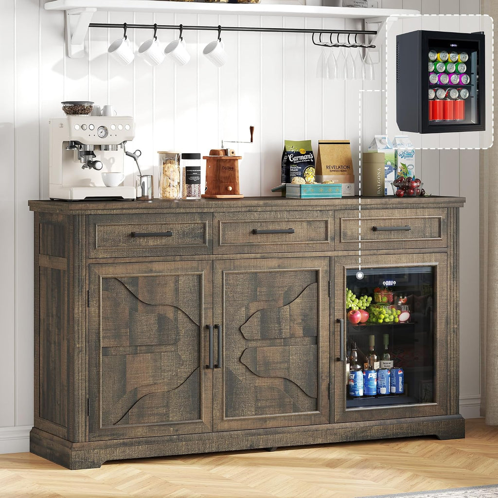 LUXOAK 60' Farmhouse Coffee Bar Cabinet with Mini Fridge Space, Wine Bar Cabinet with Drawers & Shelves, Buffet Sideboard Table for Home, Dining Room, Living Room, Brown