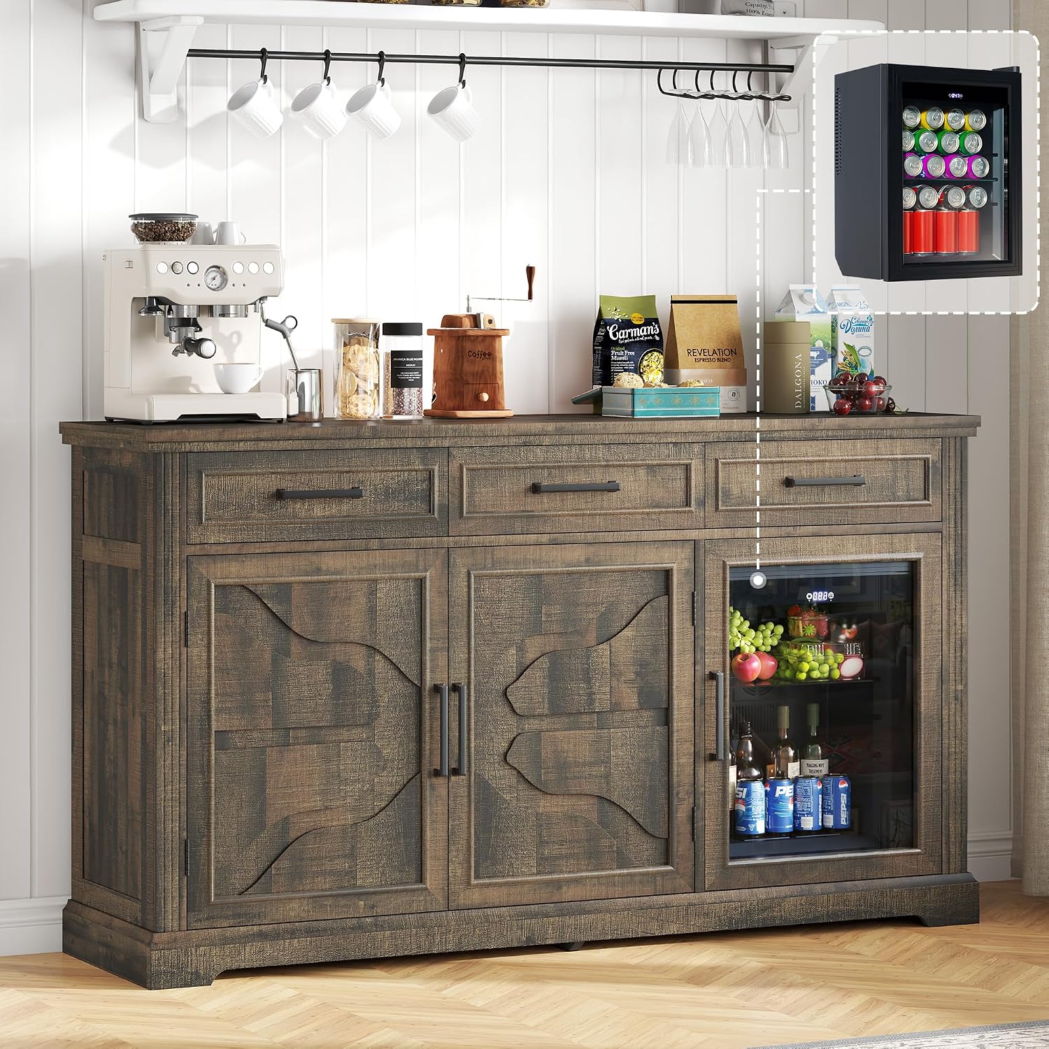 LUXOAK 60' Farmhouse Coffee Bar Cabinet with Mini Fridge Space, Wine Bar Cabinet with Drawers & Shelves, Buffet Sideboard Table for Home, Dining Room, Living Room, Brown