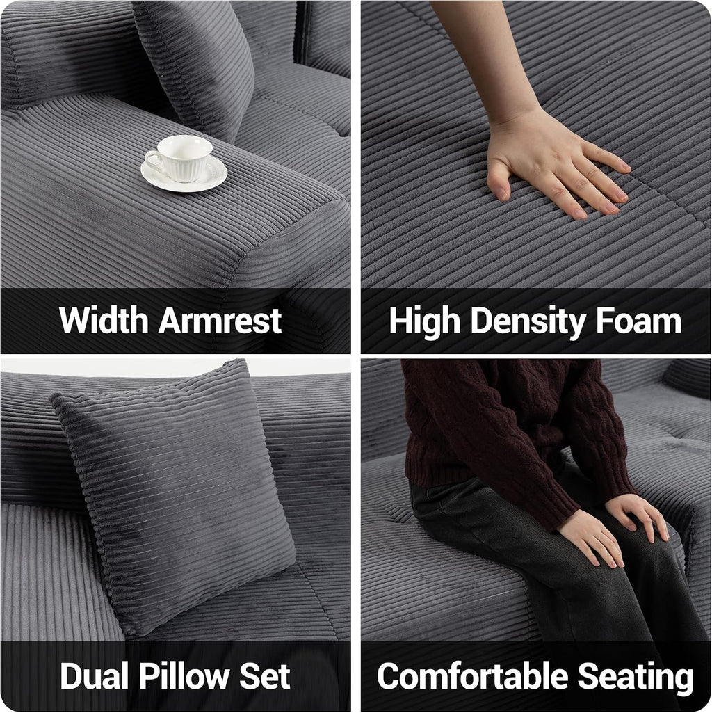 119'' Modular L-Shaped Boneless Sectional, Corduroy Deep Seat Cloud Sectional Couch, Small Space Sofa for Apartment Living Room Bedroom, No Assembly, Grey