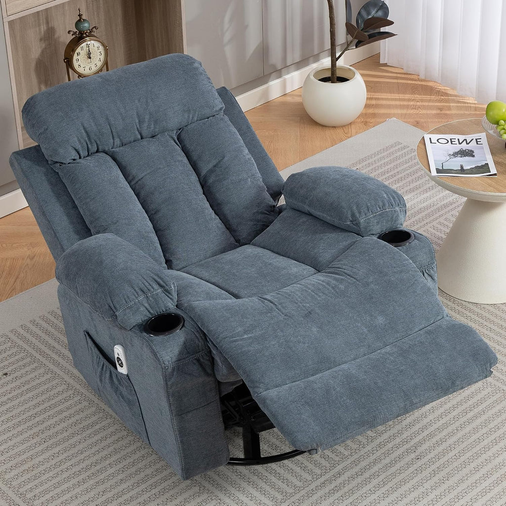 360° Swivel Rocking Chair, Rocker Recliner Chair with Vibration Massage and Heat, Ergonomic Lounge Chairs with Rocking Function and Side Pocket, Cup Holders, Blue