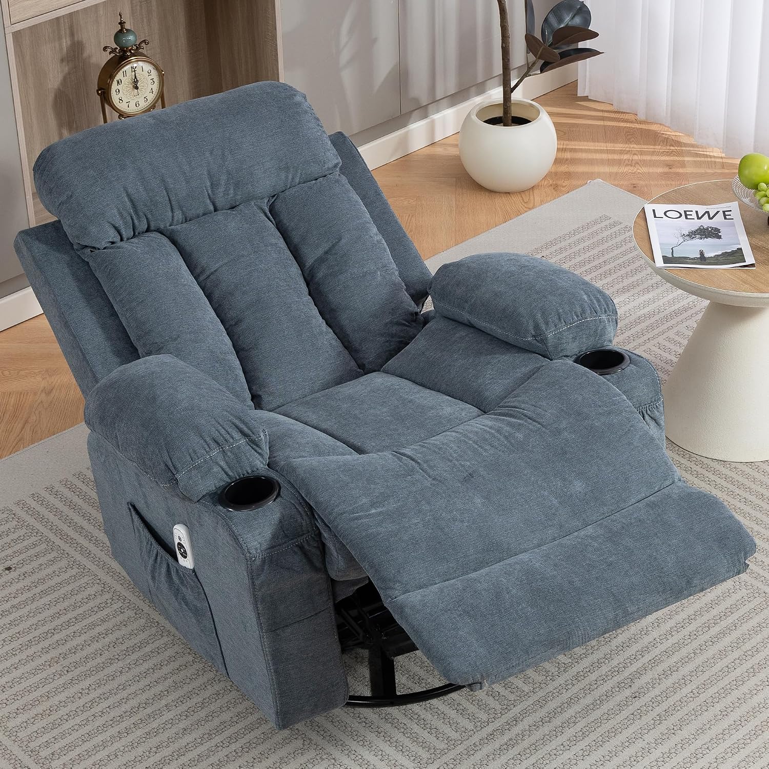 360° Swivel Rocking Chair, Rocker Recliner Chair with Vibration Massage and Heat, Ergonomic Lounge Chairs with Rocking Function and Side Pocket, Cup Holders, Blue
