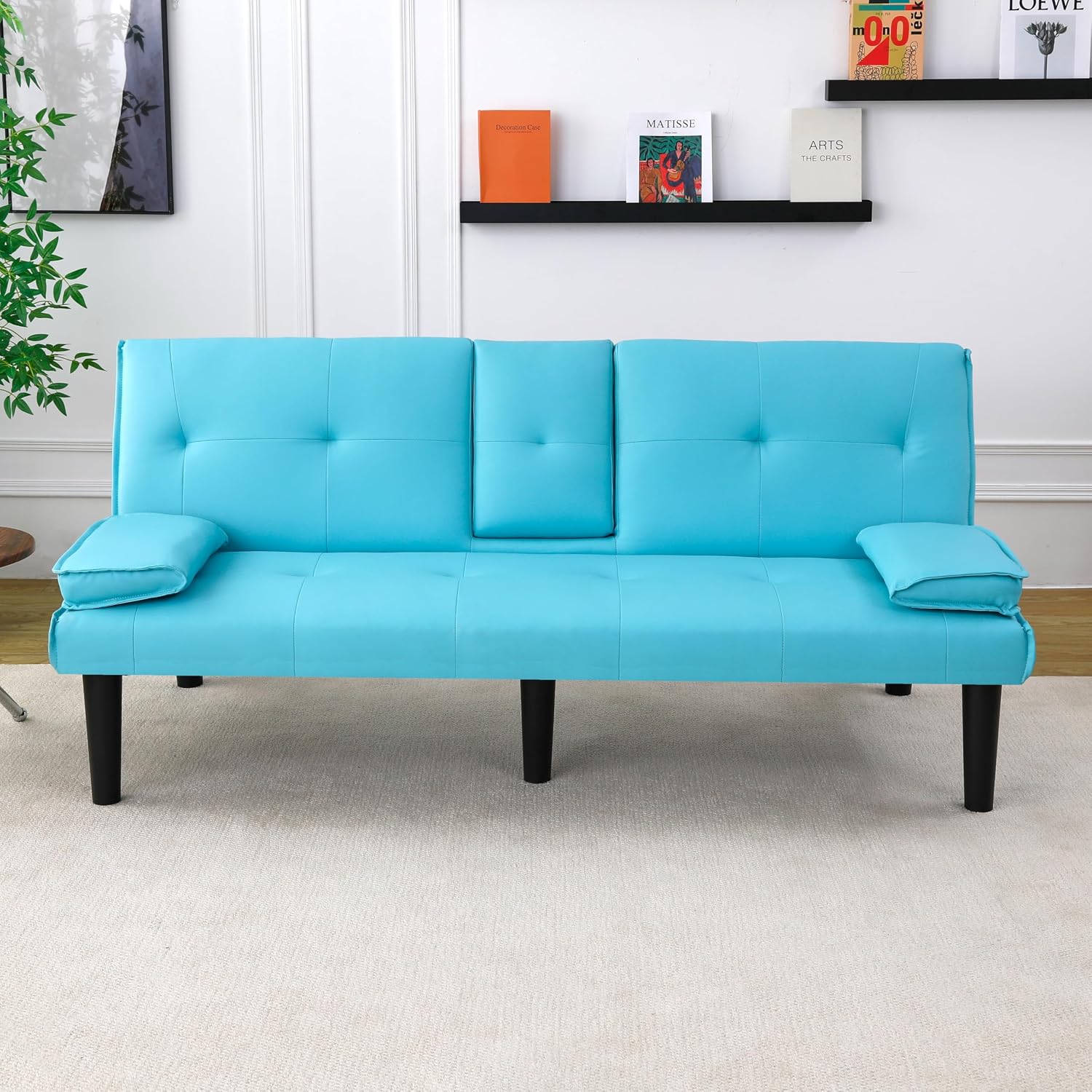 KEIKI 3 in 1 Convertible Sleeper Sofa Bed with Cup Holder, Futon Sofa Bed for Living Room, Dorm or Home Office, Blue