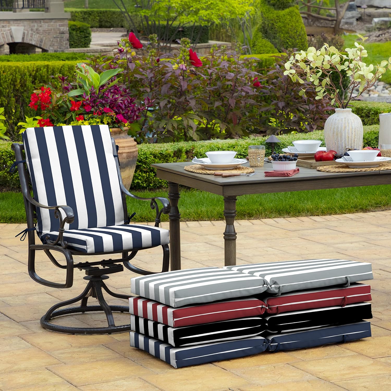 Arden 4-Pack Outdoor Patio Dining Chair Cushion, 20x44, Rain-Proof Seat Pad, Fade-Resistant Outdoor Cushion Sapphire Blue Cabana Stripe