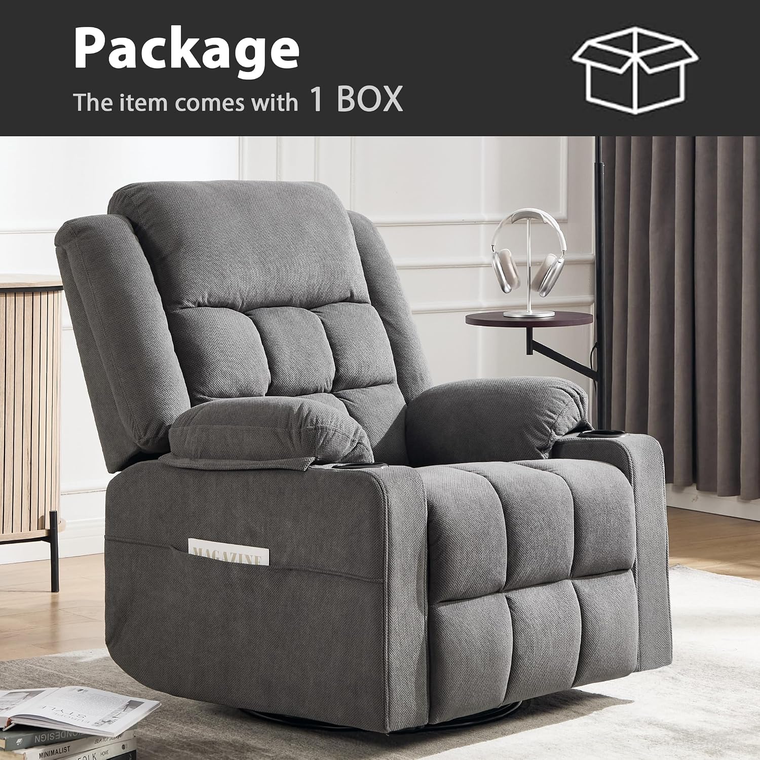 Swivel Rocker Recliner Chair with Massage and Heating,Cup Holders,Glider Recliner for Adults,Soft Fabric Living Room Nursing Reclining Sofa Chair