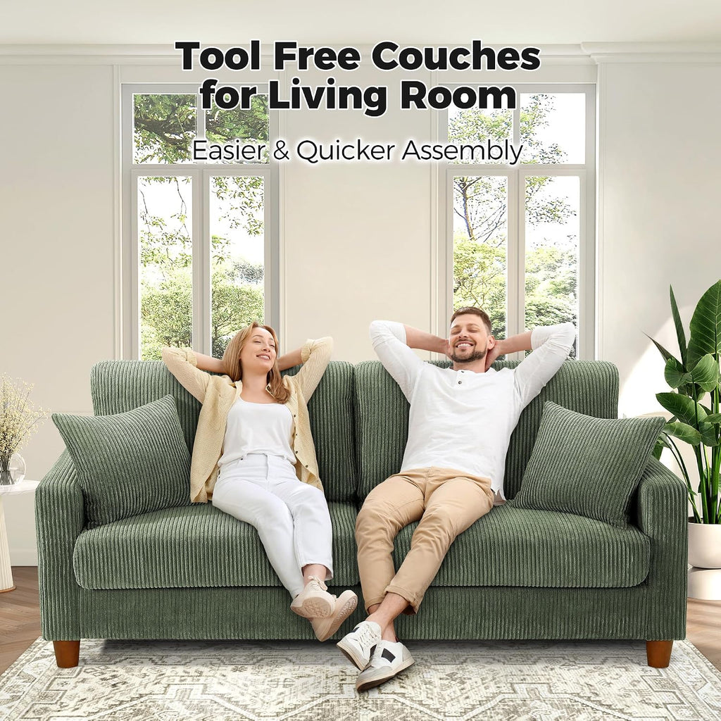 Kidirect 70in Corduroy Couch, Sofas for Living Room No Tool Assembly, Comfy Couches for Living Room 21in Deep Seats, Oversized Loveseat Sofa with 2 Pillows, 3 Seater Couch for Bedroom, Green Sofa