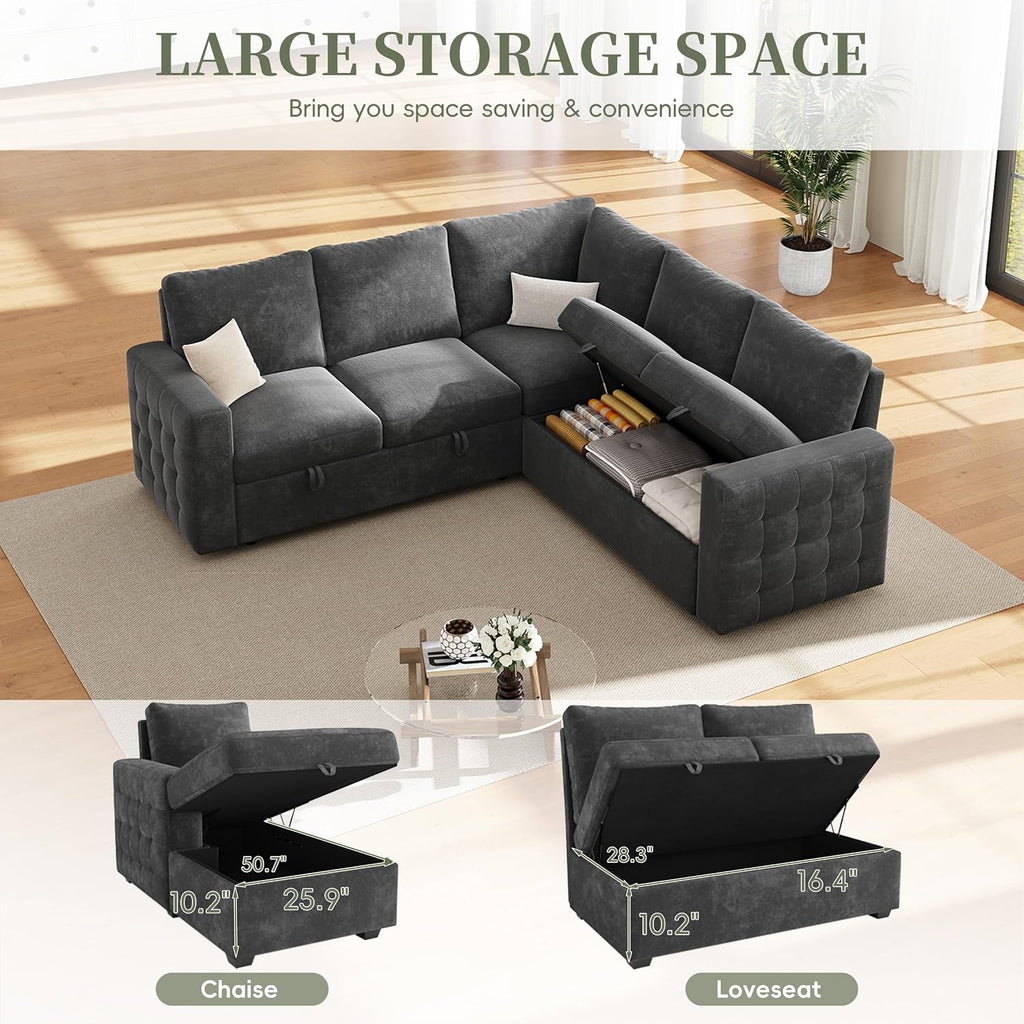 86' Sectional Sleeper Sofa Bed, Sleeper Couch with Pull out Bed, L Shaped Couch with Storage, Modular Sectional Sofa， Sectional Couches for Living Room&Apartment, Convertible Sofas, Gray Couches
