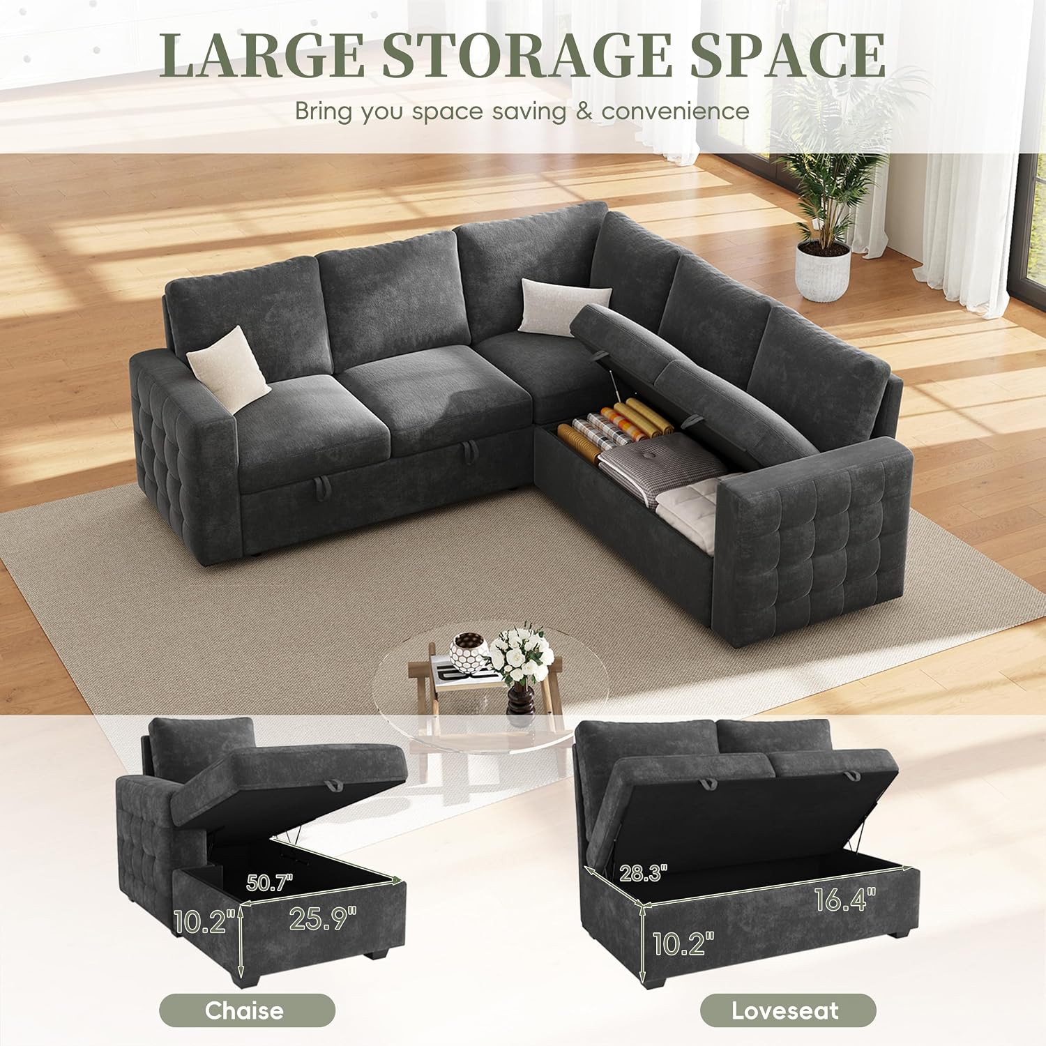 86' Sectional Sleeper Sofa Bed, Sleeper Couch with Pull out Bed, L Shaped Couch with Storage, Modular Sectional Sofa， Sectional Couches for Living Room&Apartment, Convertible Sofas, Gray Couches