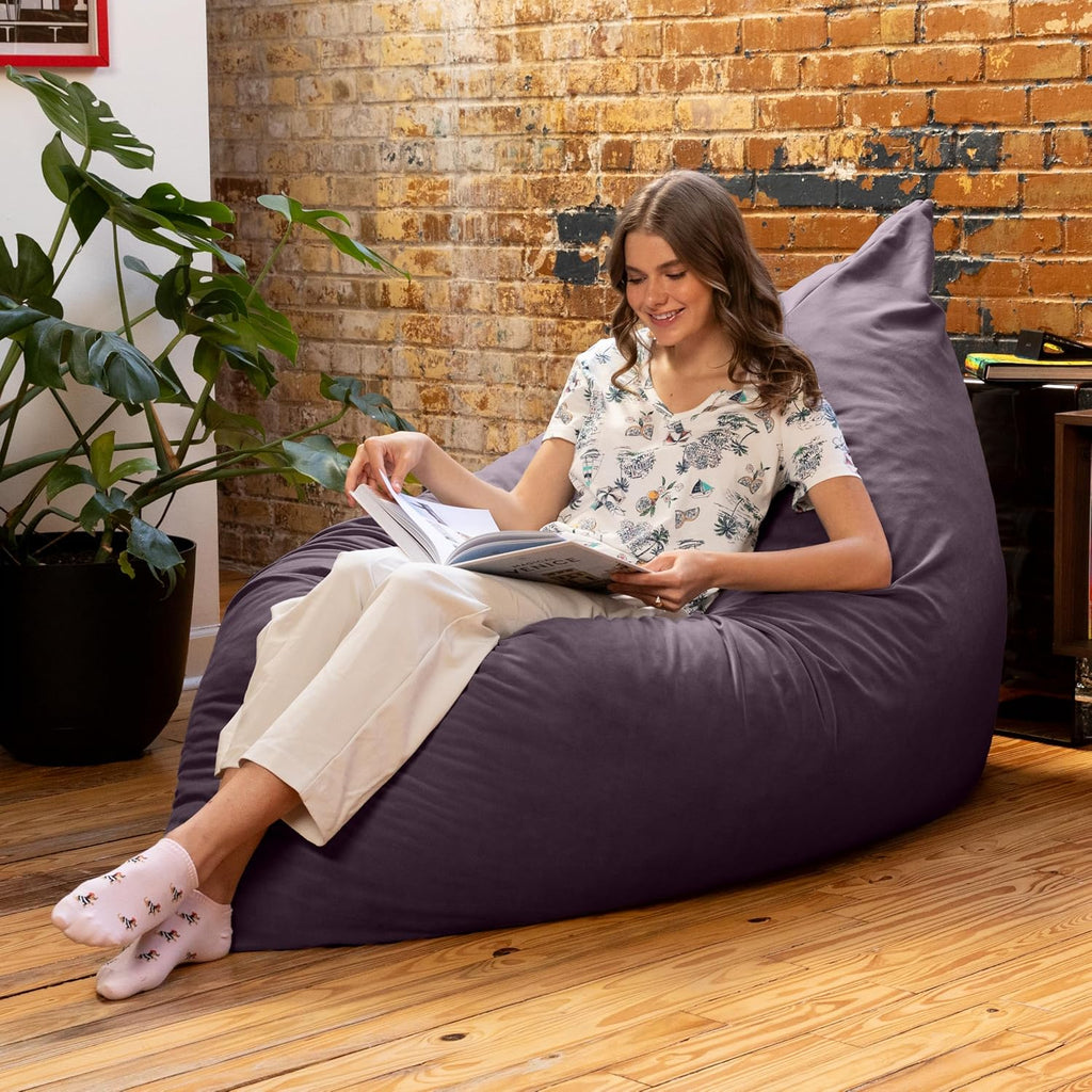 Pillow Saxx Bean Bag Rocking Chair - Elegant Oversized Rocker with Modern Wood Frame, Lush Velvet Purple